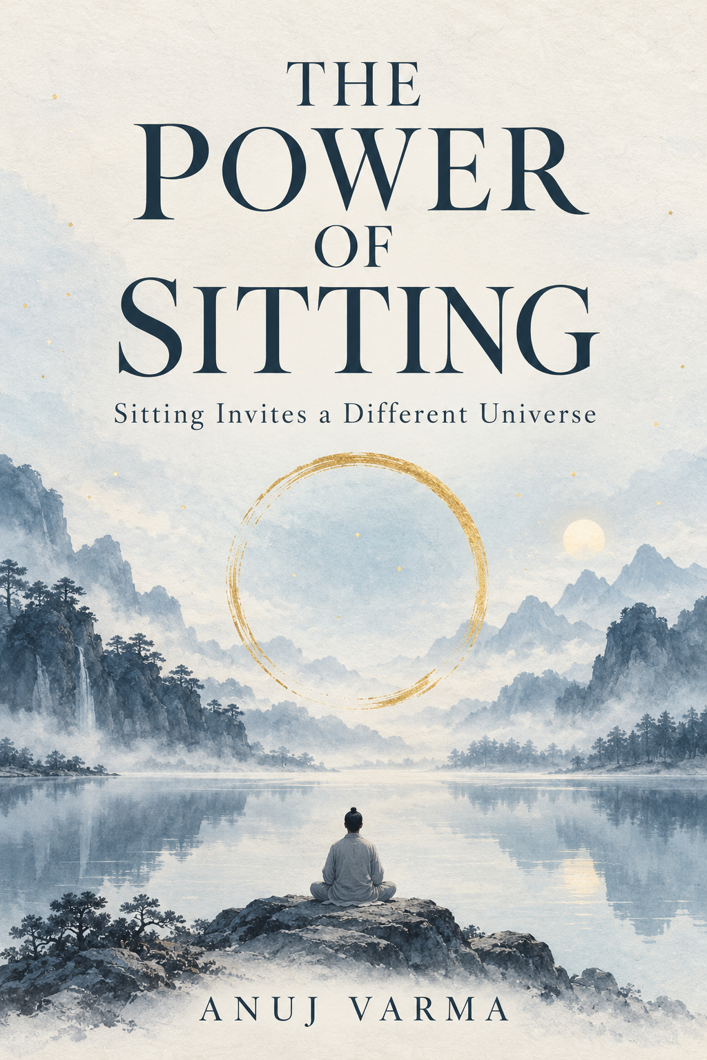 The Power of Sitting by Anuj Varma. Mist-blue mountains, a gold ensō and a seated meditator beside a still lake.
